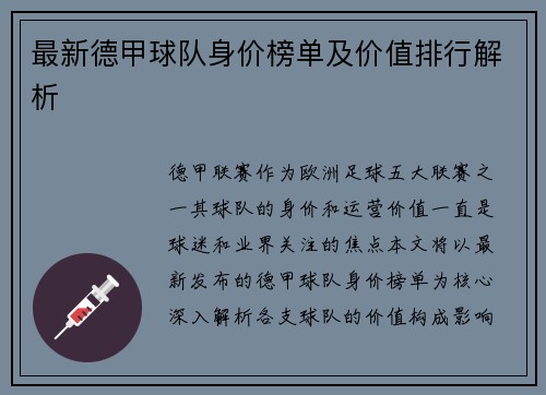 最新德甲球队身价榜单及价值排行解析